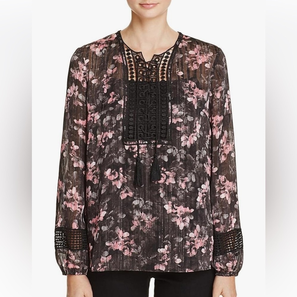 T Tahari Linda Lace Up Sheer Floral Peasant Blouse Crochet Trim Black Pink XL